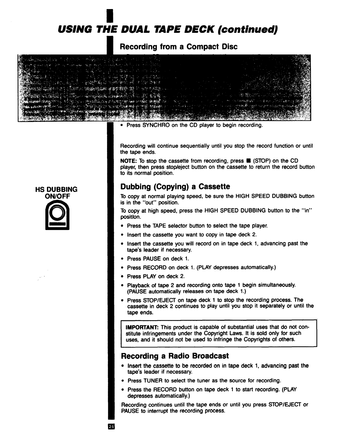 RCA RP-9753 manual Recording from a Compact Disc, Dubbing Copying a Cassette, Recording a Radio Broadcast 