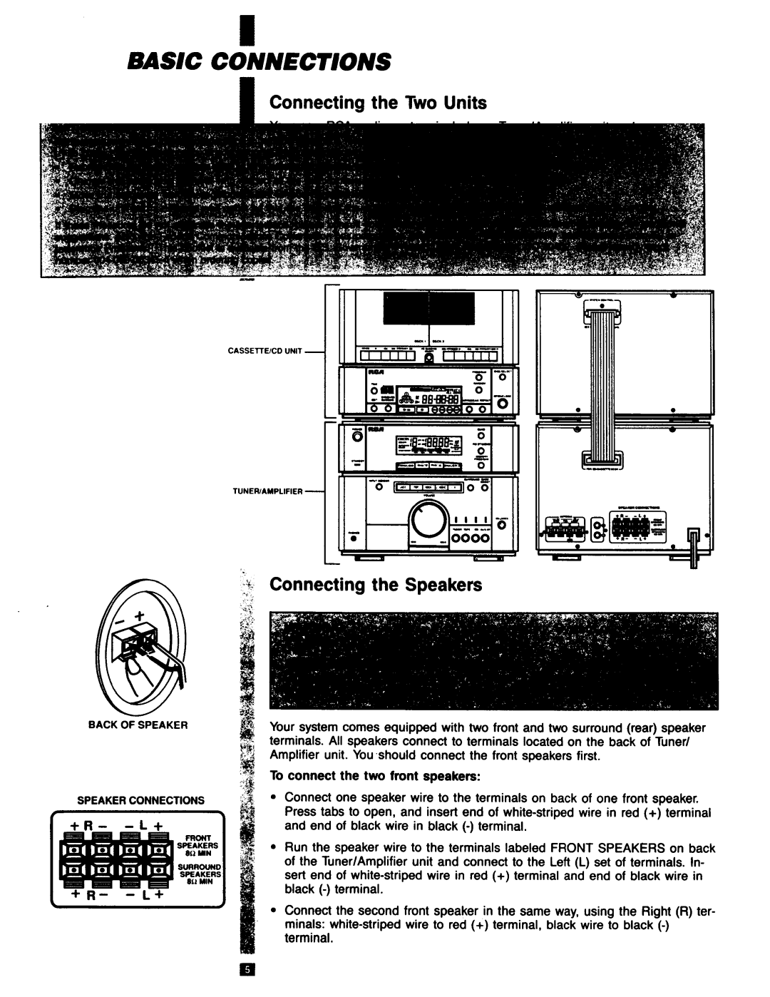 RCA RP-9753 manual Basic Connections, Connecting the Two Units, $ Connecting the Speakers 