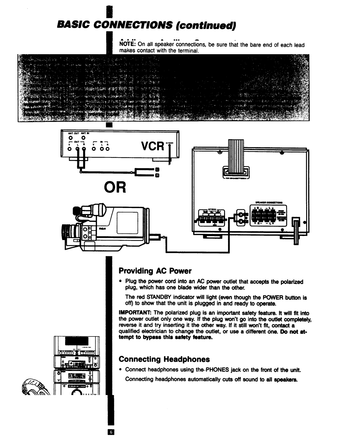 RCA RP-9753 manual Basic Connections, Adding an Auxiliary Component, Providing AC Power, Connecting Headphones 