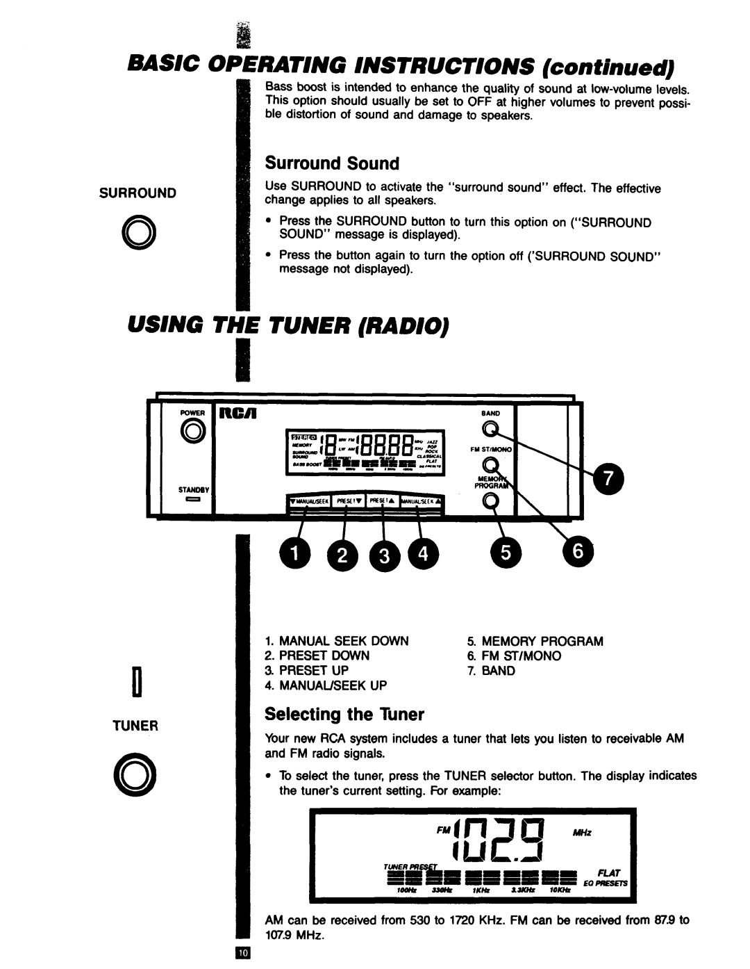 RCA RP-9753 manual BASIC OPERATING lNSTRUCTlONS continued, Using The Tuner Radio, Surround Sound, Selecting the Tuner 