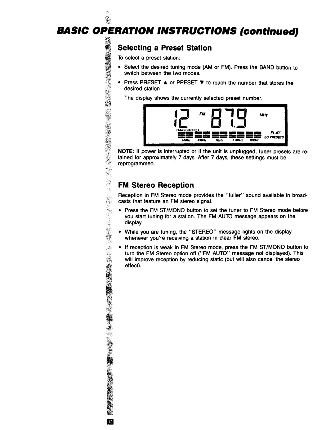 RCA RP-9753 manual BASIC OPERATION INSTRUCTIONS continued, Selecting a Preset Station, j.‘* FM Stereo Reception 