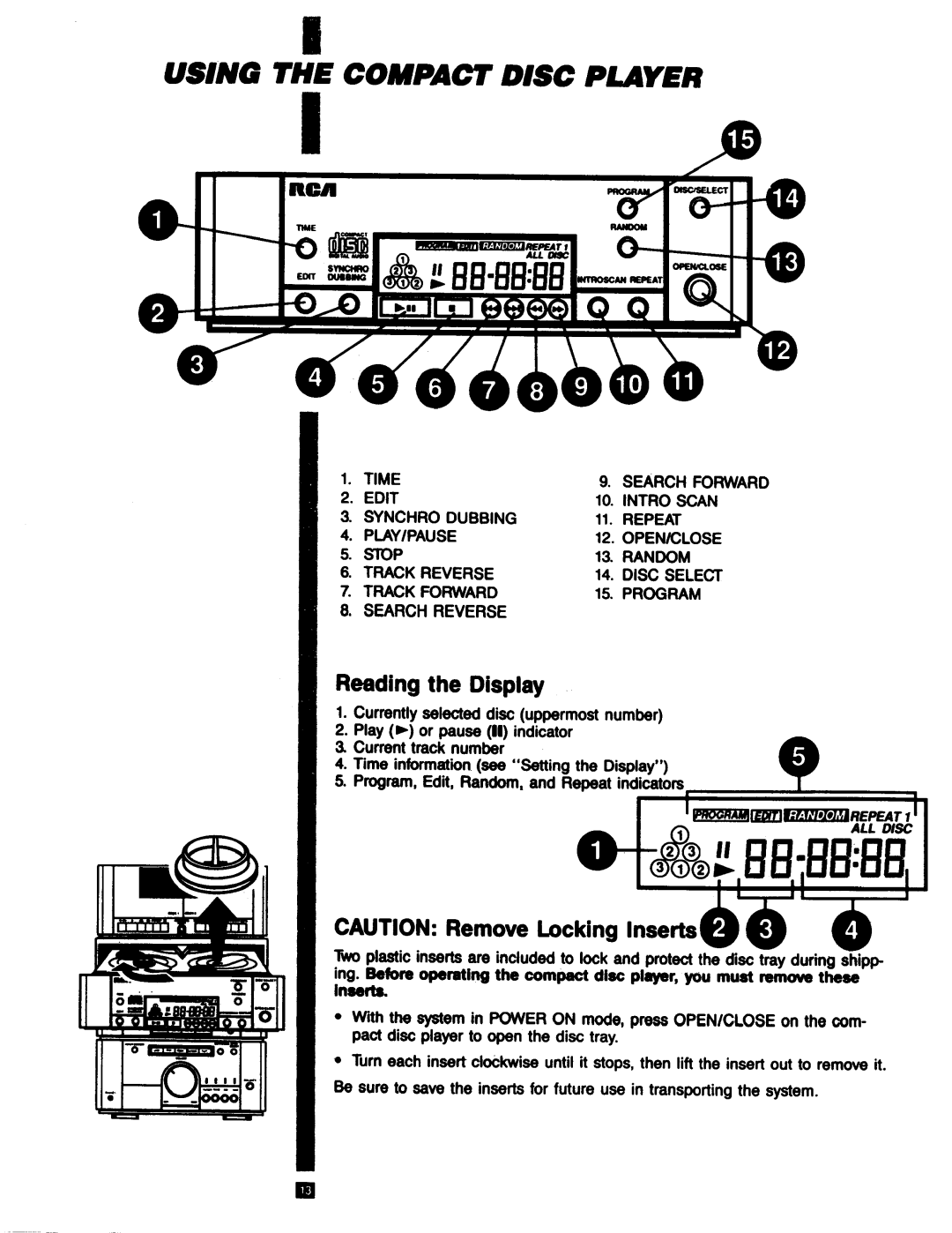RCA RP-9753 manual Using The Compact Disc Player, Reading the Display, CAUTION Remove Locking Inserts 