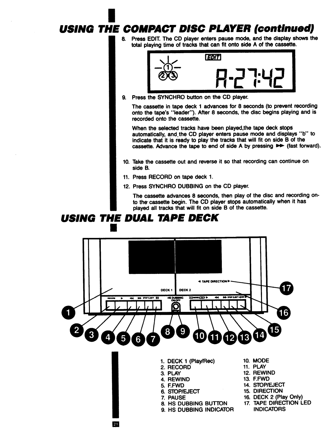 RCA RP-9753 manual Using The Dual Tape Deck, USING THE COMPACT DISC PLAYER continued 