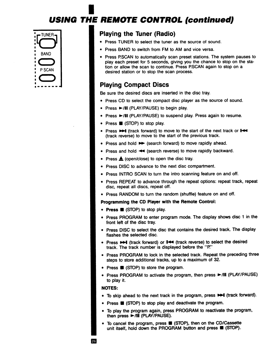 RCA RP-9753 manual USING THE REMOTE CONTROL continued, Playing the Tuner Radio, Playing Compact Discs 