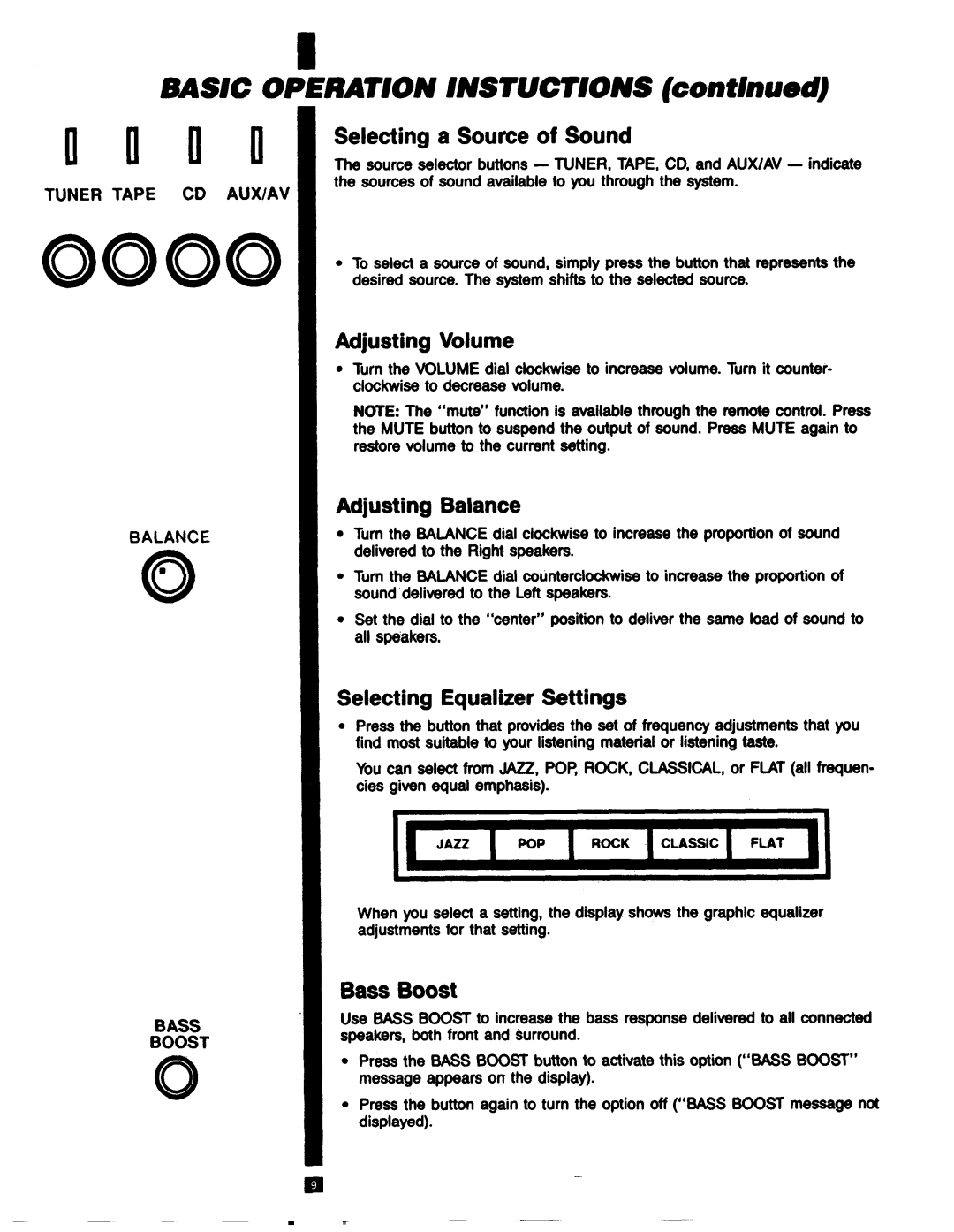 RCA RP-9753 manual BASIC OPERATION INSTUCTJONS conflnued, Selecting a Source of Sound, Adjusting Volume, Adjusting Balance 