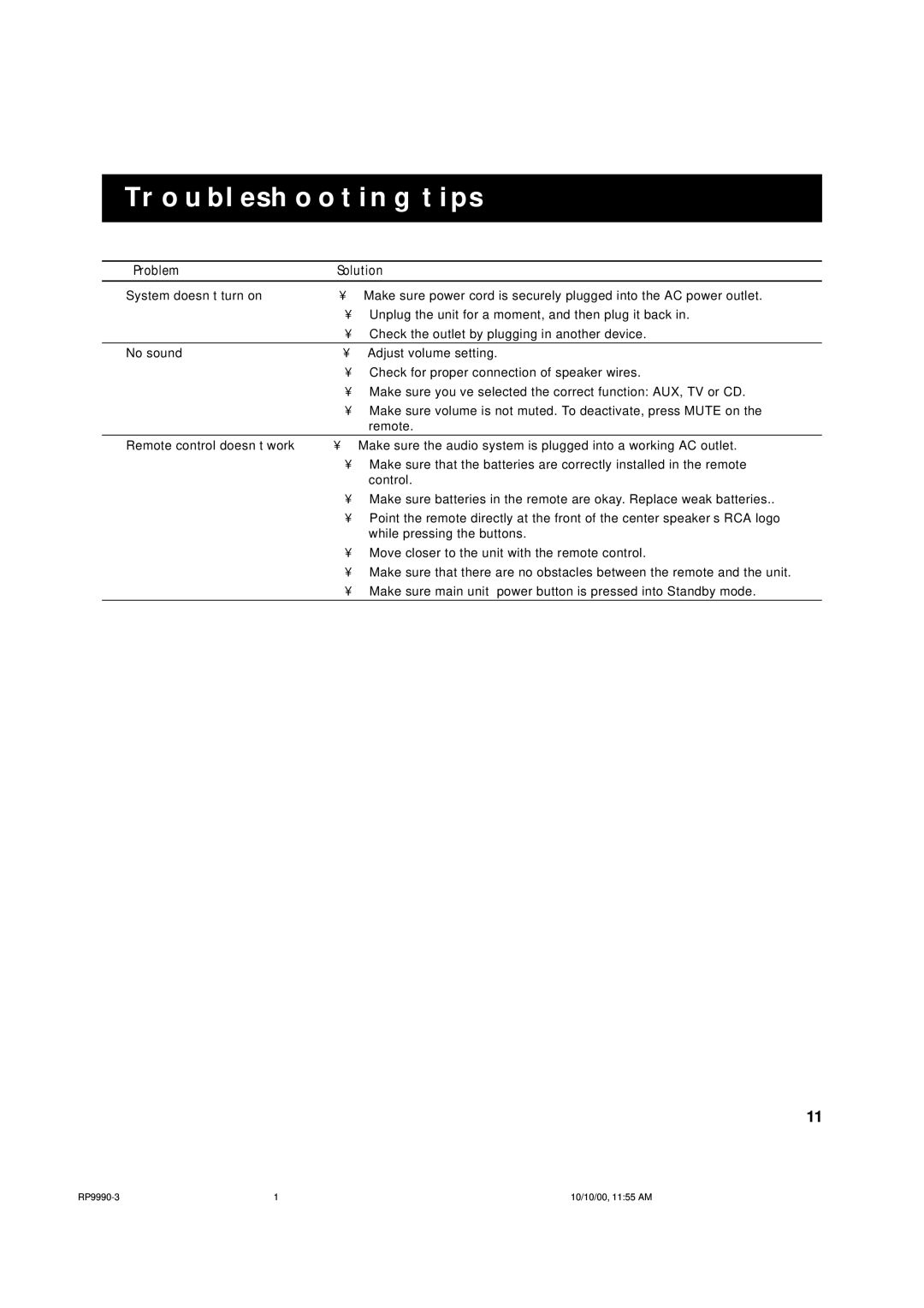 RCA RP-9990 manual Troubleshooting Tips 