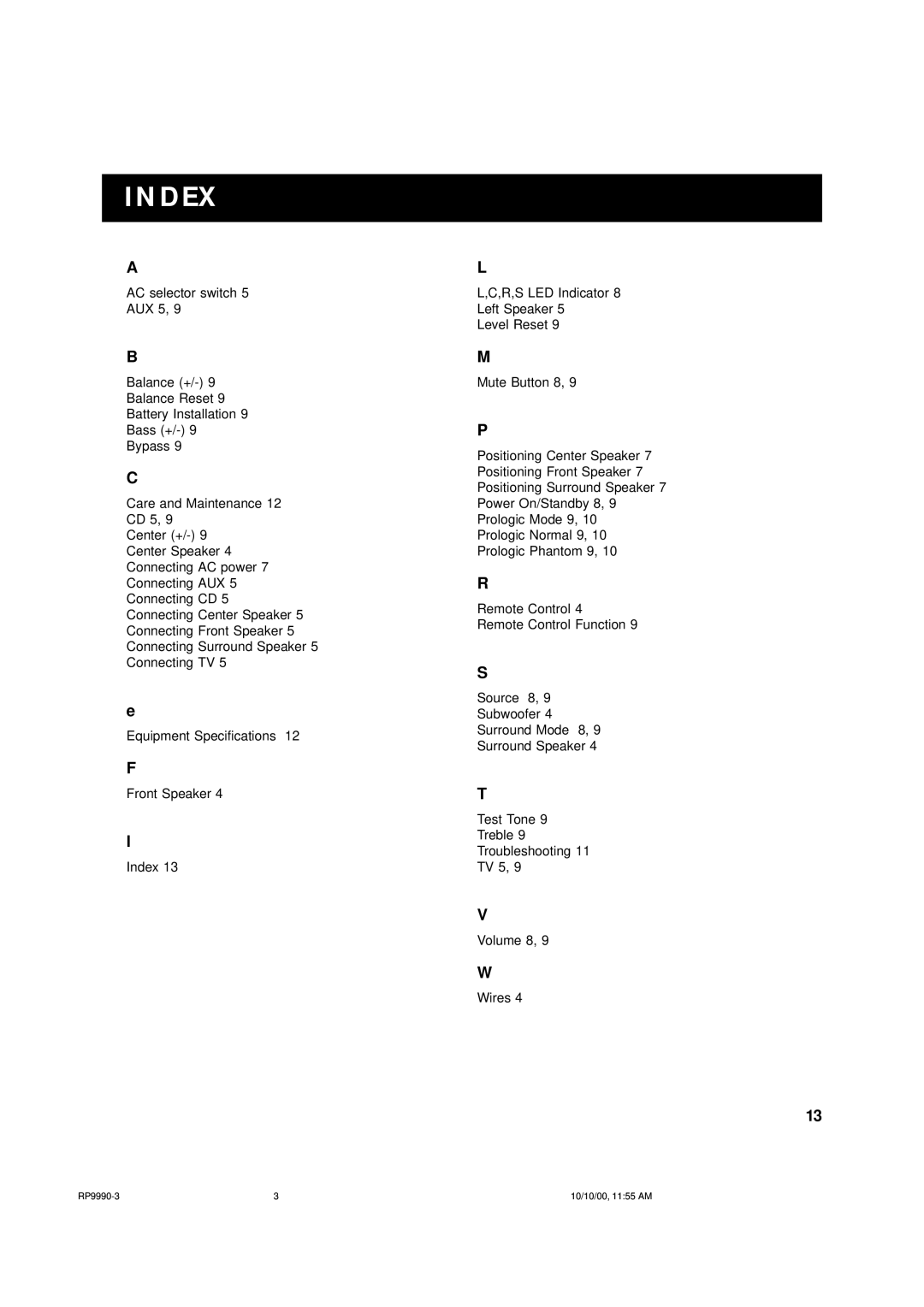 RCA RP-9990 manual Index 