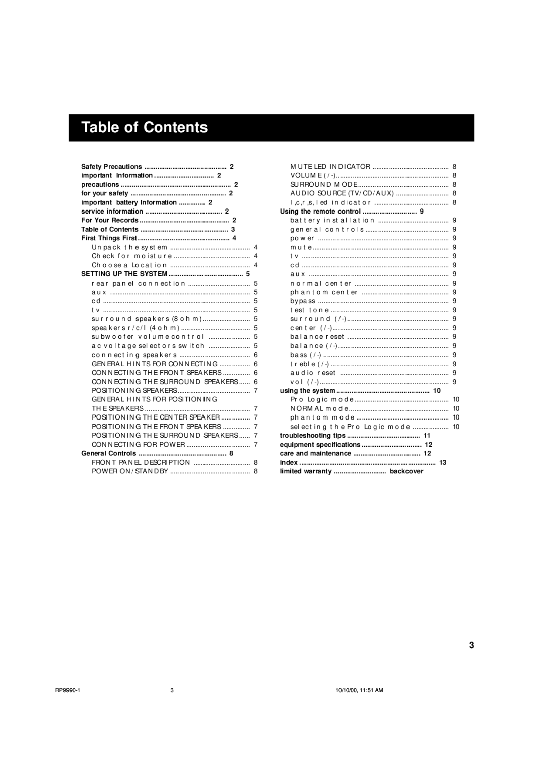 RCA RP-9990 manual Table of Contents 