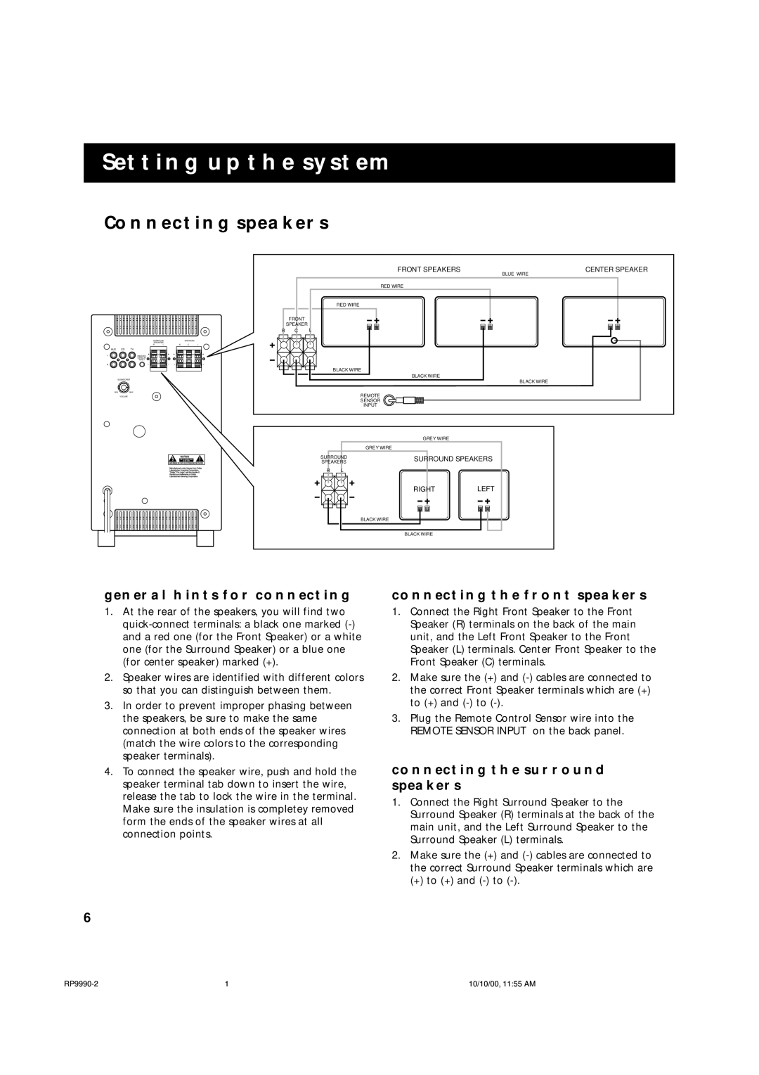 RCA RP-9990 manual Setting UP the System, Connecting Speakers, General Hints for Connecting, Connecting the Front Speakers 