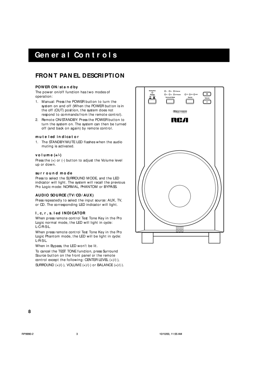 RCA RP-9990 manual General Controls, Front Panel Description 