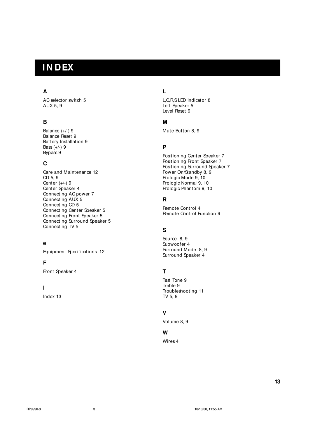 RCA RP-9990 manual Index 