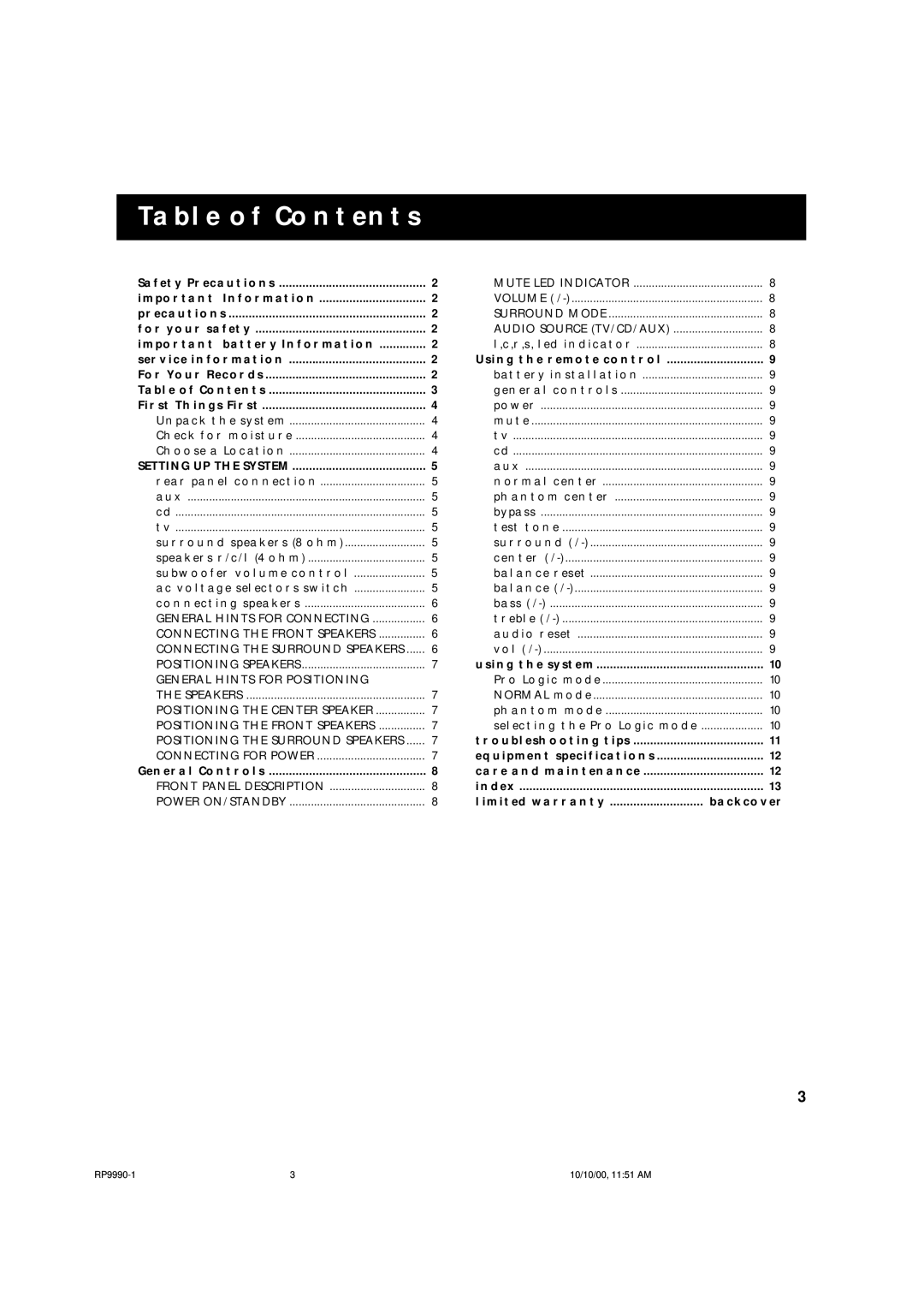 RCA RP-9990 manual Table Of Contents 