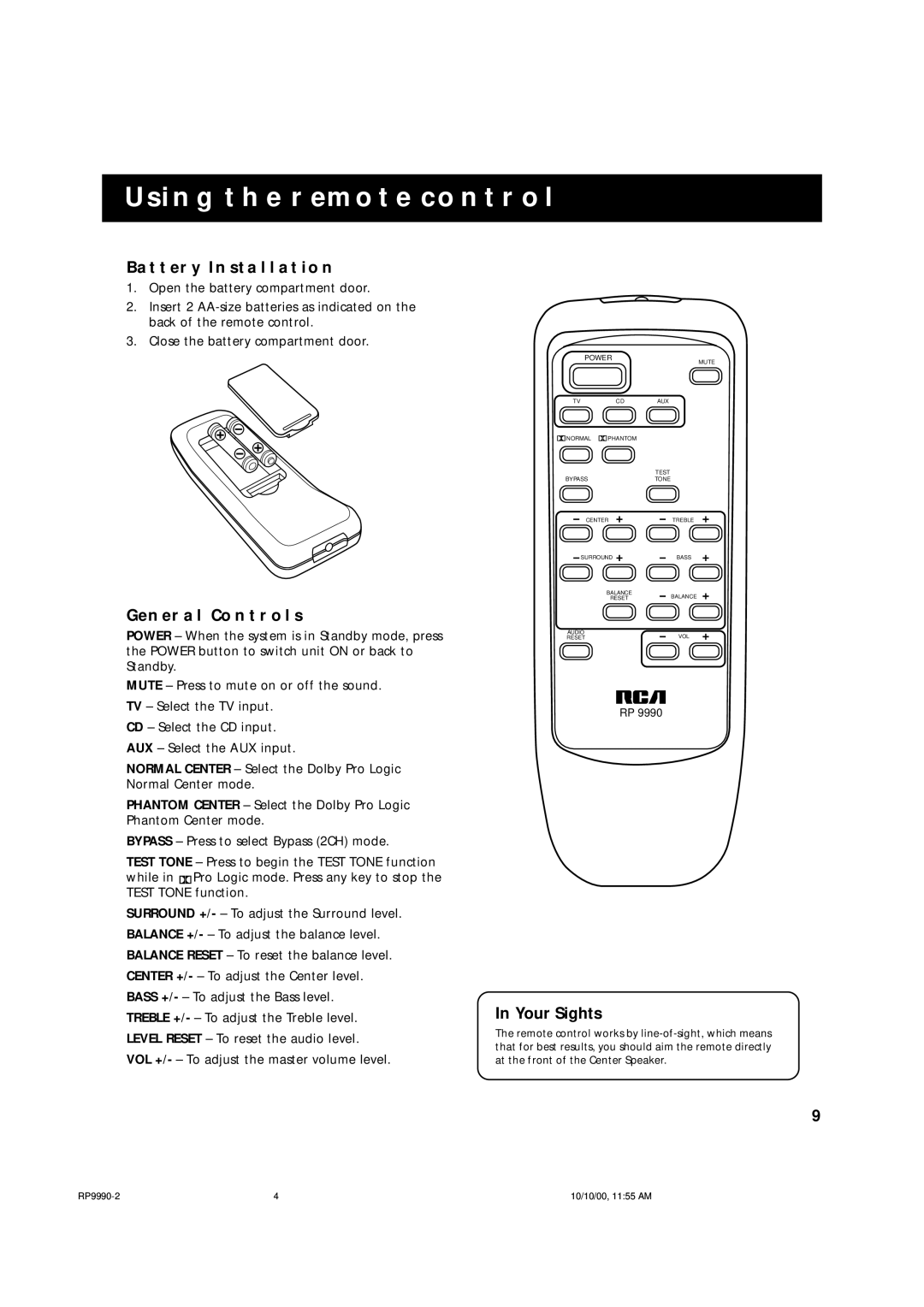 RCA RP-9990 manual Using The Remote Control, Battery Installation, General Controls, In Your Sights 