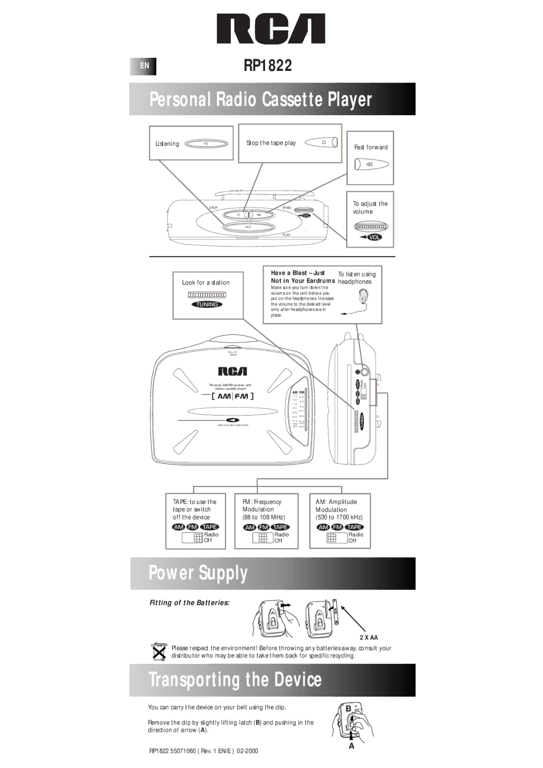 RCA RP1822 manual Personal Radio Cassette Player, Power Supply, Fitting of the Batteries 