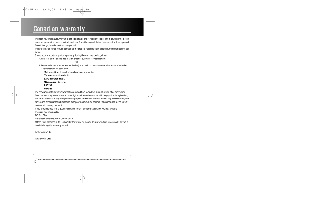 RCA RP2415 user manual Canadian warranty, Canada 