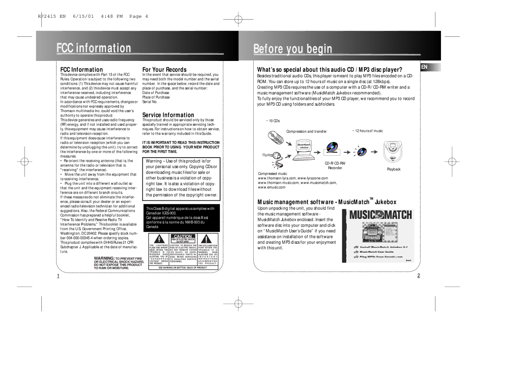 RCA RP2415 user manual FCC information Before you begin, FCC Information For Your Records, Service Information 