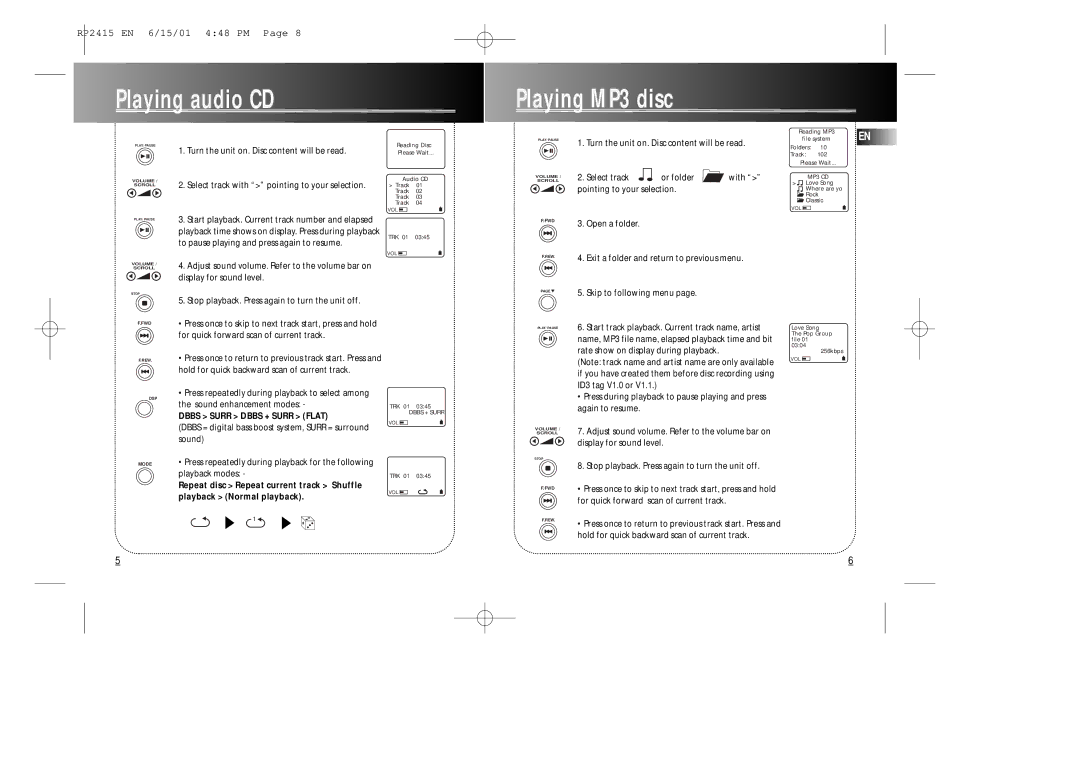 RCA RP2415 user manual Playing audio CD Playing MP3 disc, Dbbs Surr Dbbs + Surr Flat 