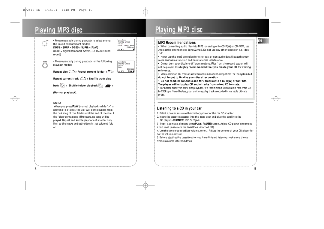 RCA RP2415 user manual Listening to a CD in your car, Repeat disc Repeat current folder 