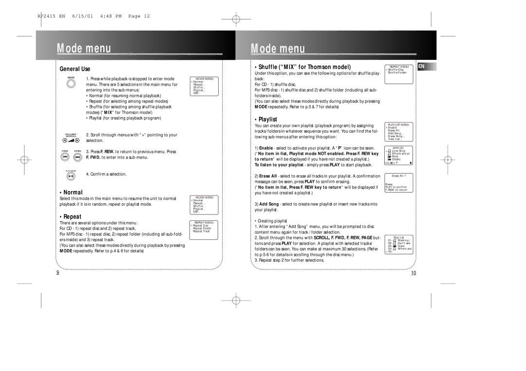 RCA RP2415 user manual Mode menu 