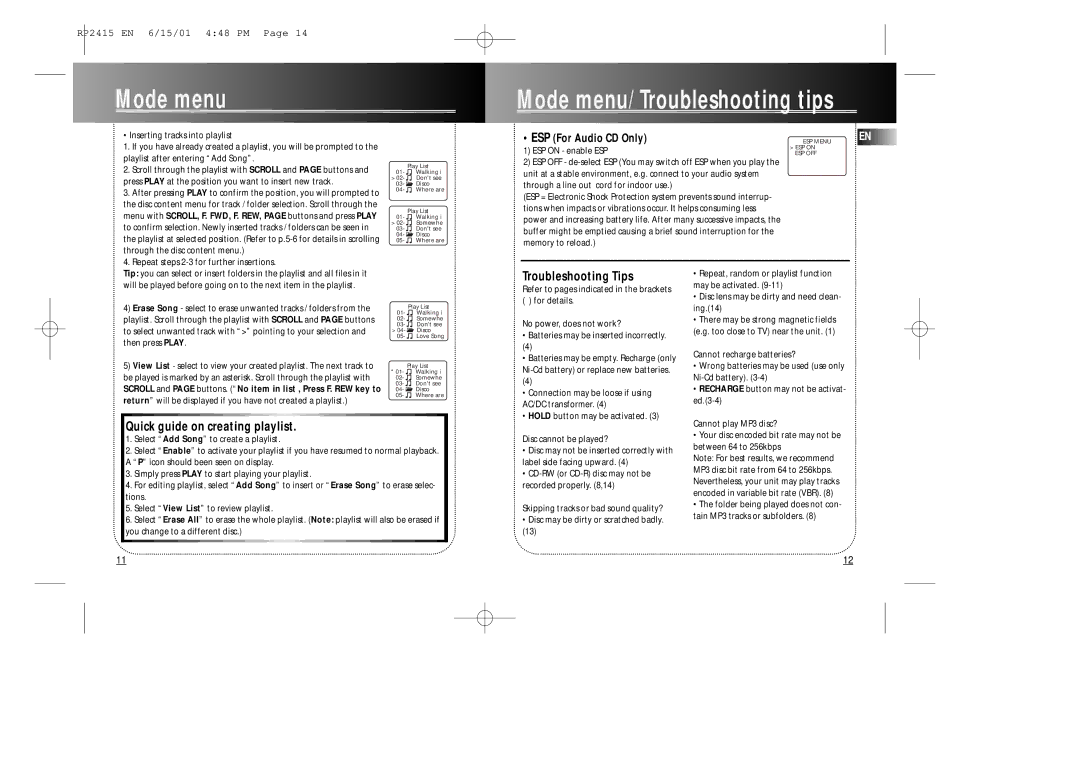 RCA RP2415 user manual Mode menu Mode menu/ Troubleshooting tips, Troubleshooting Tips, Quick guide on creating playlist 