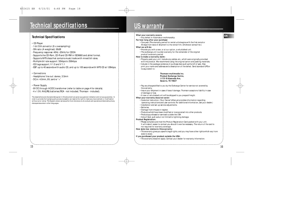 RCA RP2415 user manual Technical specifications US warranty, Technical Specifications 