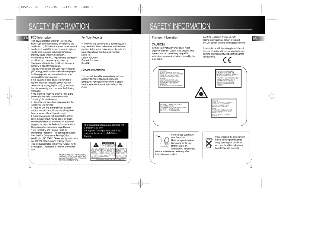 RCA RP2420, RP2425, RP2427 Safety Information, FCC Information For Your Records, Service Information, Thomson Information 