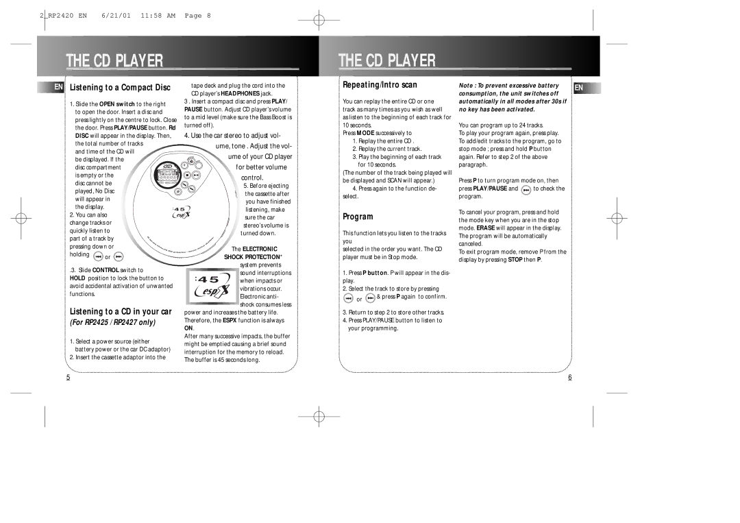 RCA LAD890U, RP2425, RP2427 EN Listening to a Compact Disc, Repeating/Intro scan, Program, Listening to a CD in your car 