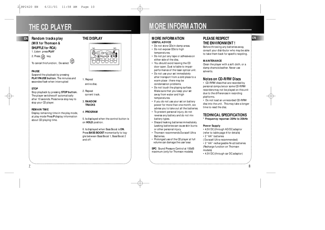 RCA RP2419, RP2425, RP2427, RP2420 CD Player More Information, Display, Please Respect Environment, Technical Specifications 