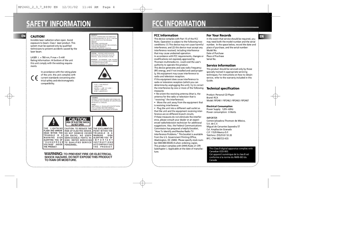 RCA RP2463, RP2461, RP2462, LAD899U, RP2467 user manual Safety Information FCC Information, Electrical Consumption 