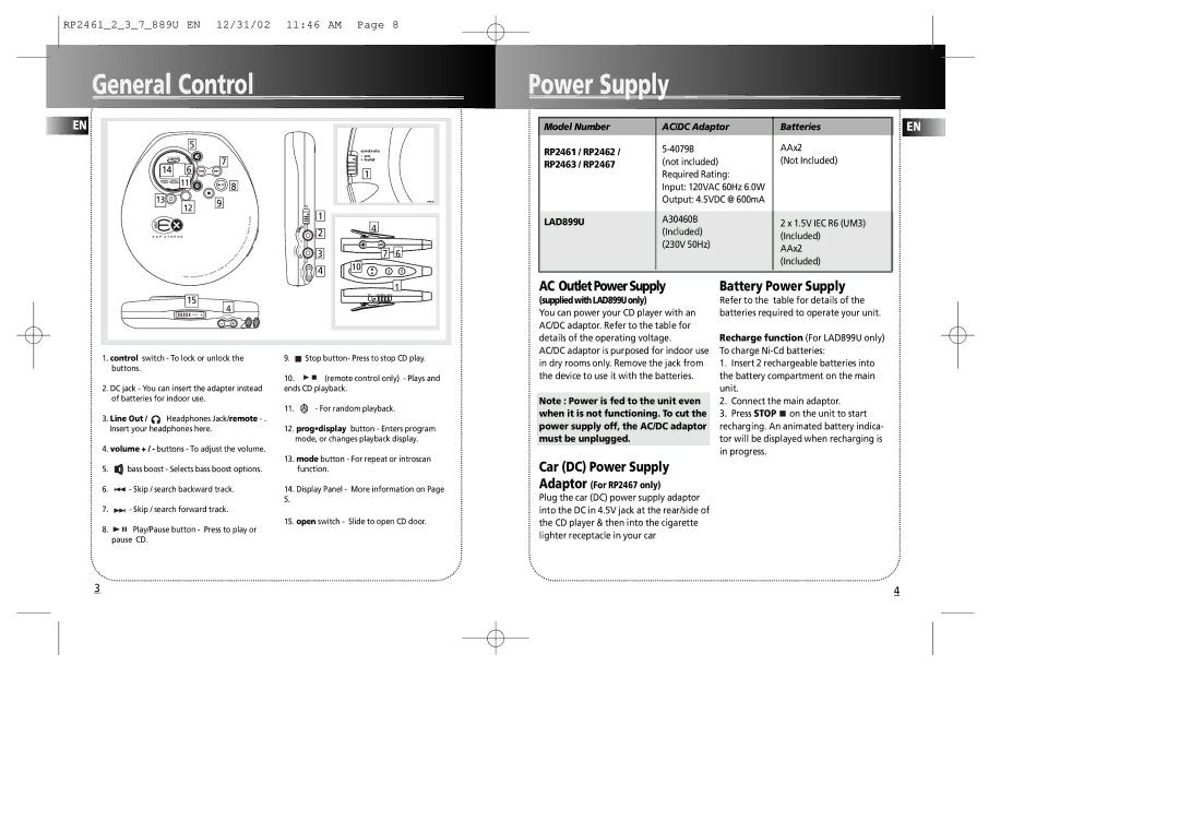 RCA RP2467, RP2461, RP2462 General Control Power Supply, AC Outlet Power Supply, Battery Power Supply, Car DC Power Supply 