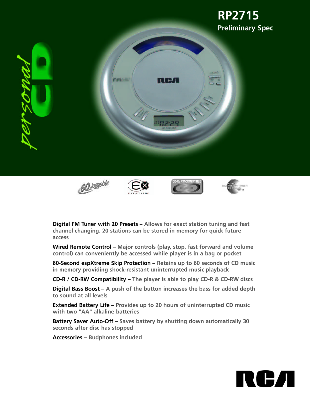 RCA RP2715 manual Preliminary Spec 