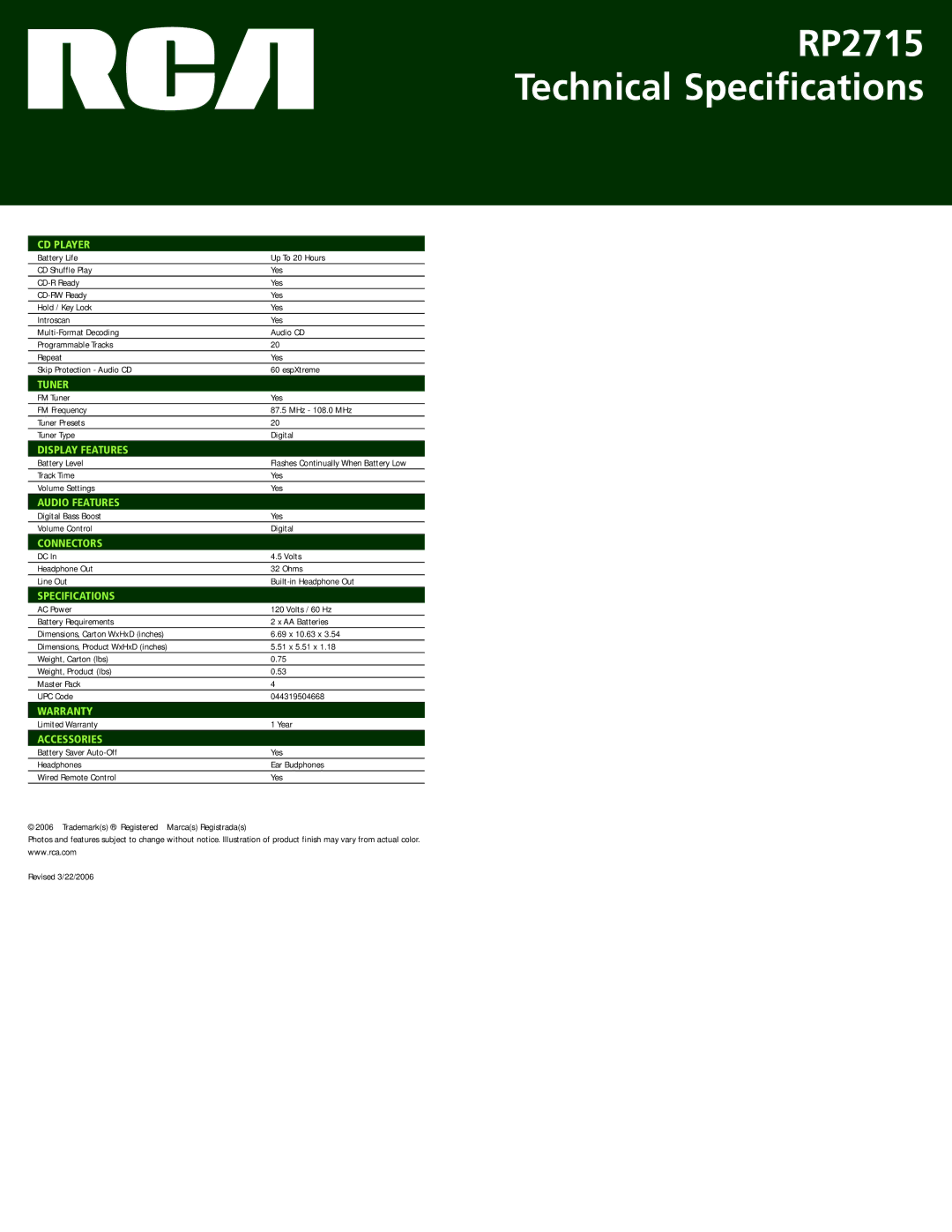 RCA manual RP2715 Technical Specifications 