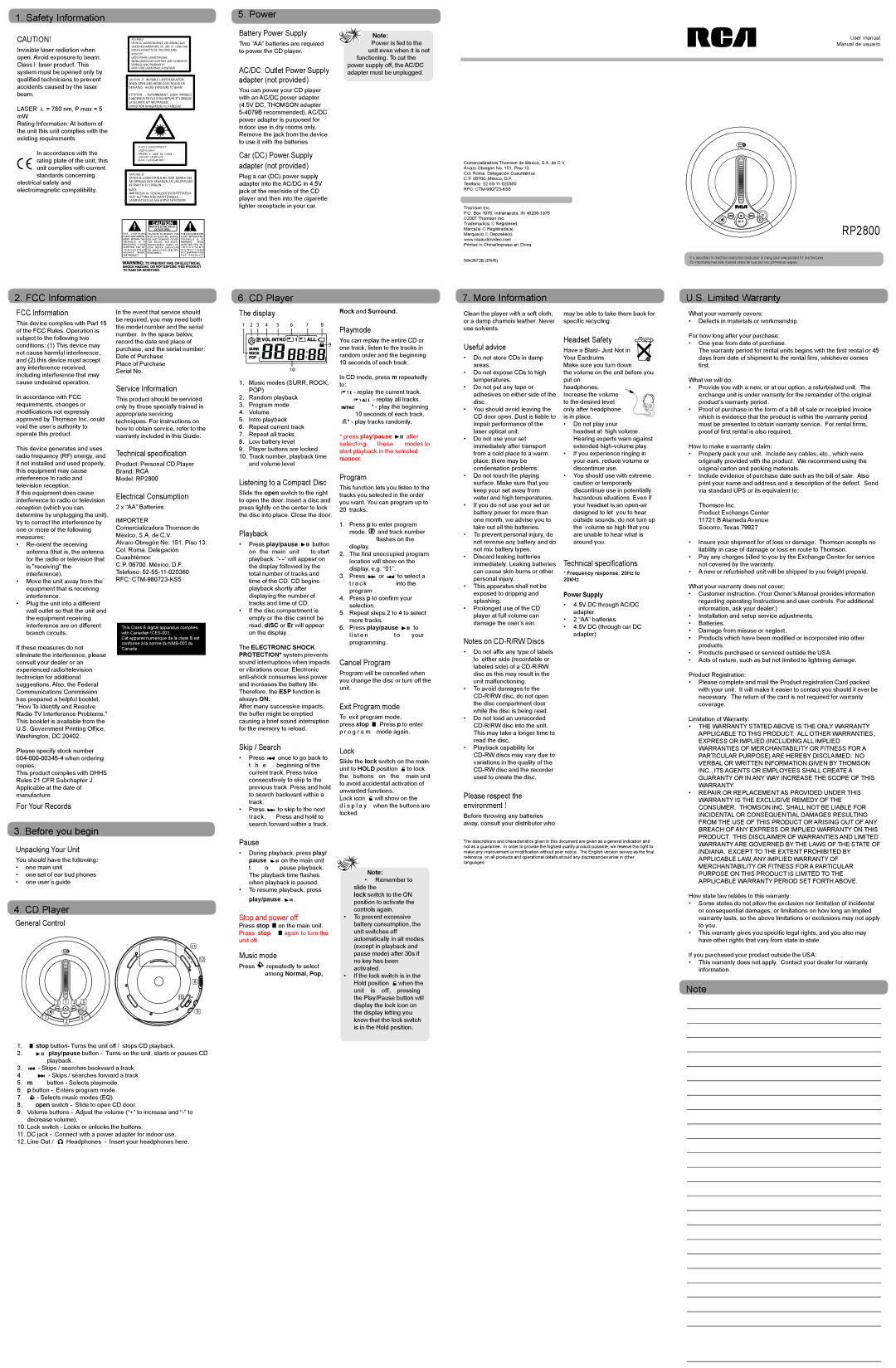 RCA RP2800 technical specifications Safety Information, Power, FCC Information CD Player More Information Limited Warranty 