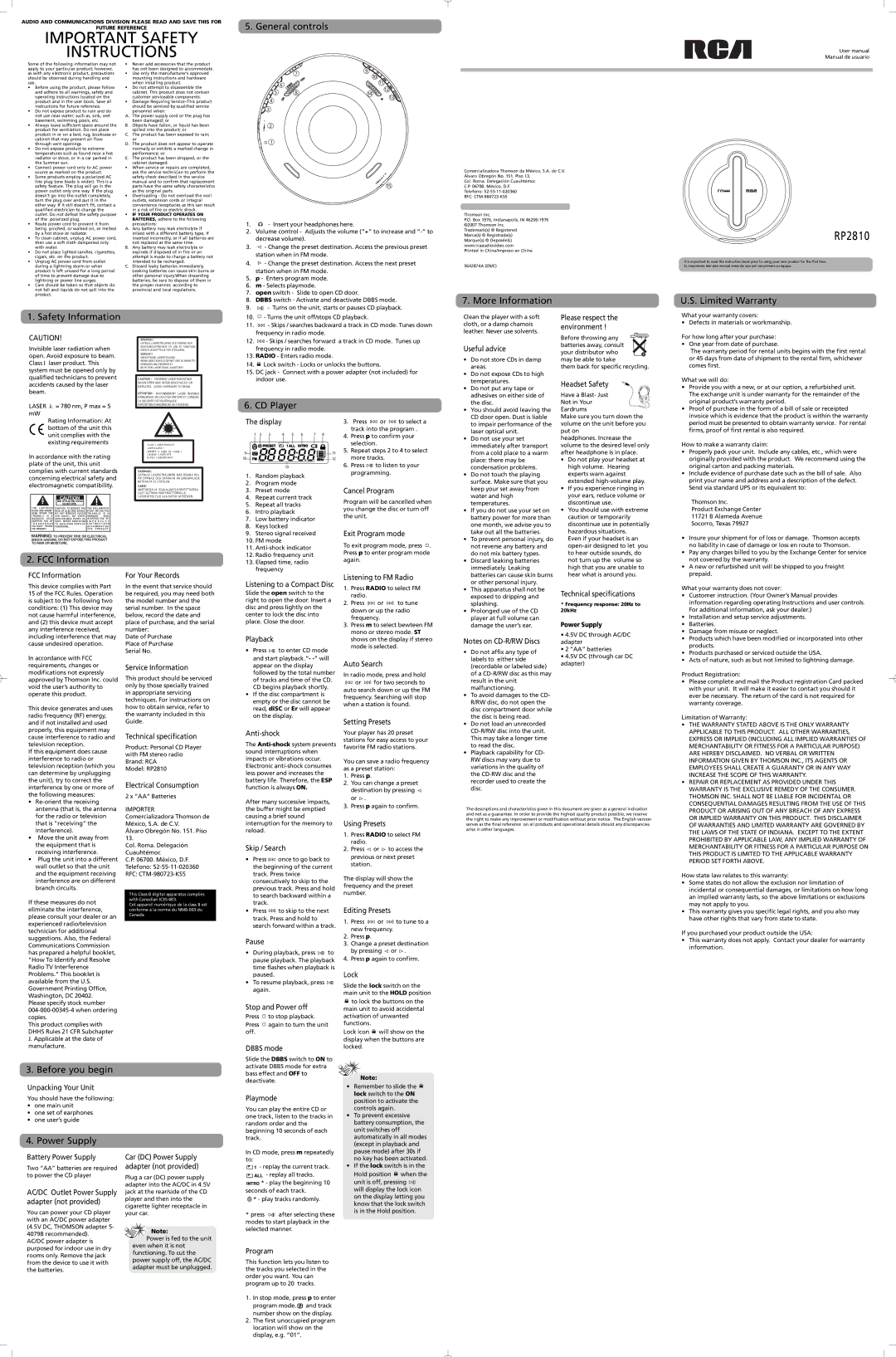 RCA RP2810 technical specifications General controls, More Information Limited Warranty Safety Information, CD Player 