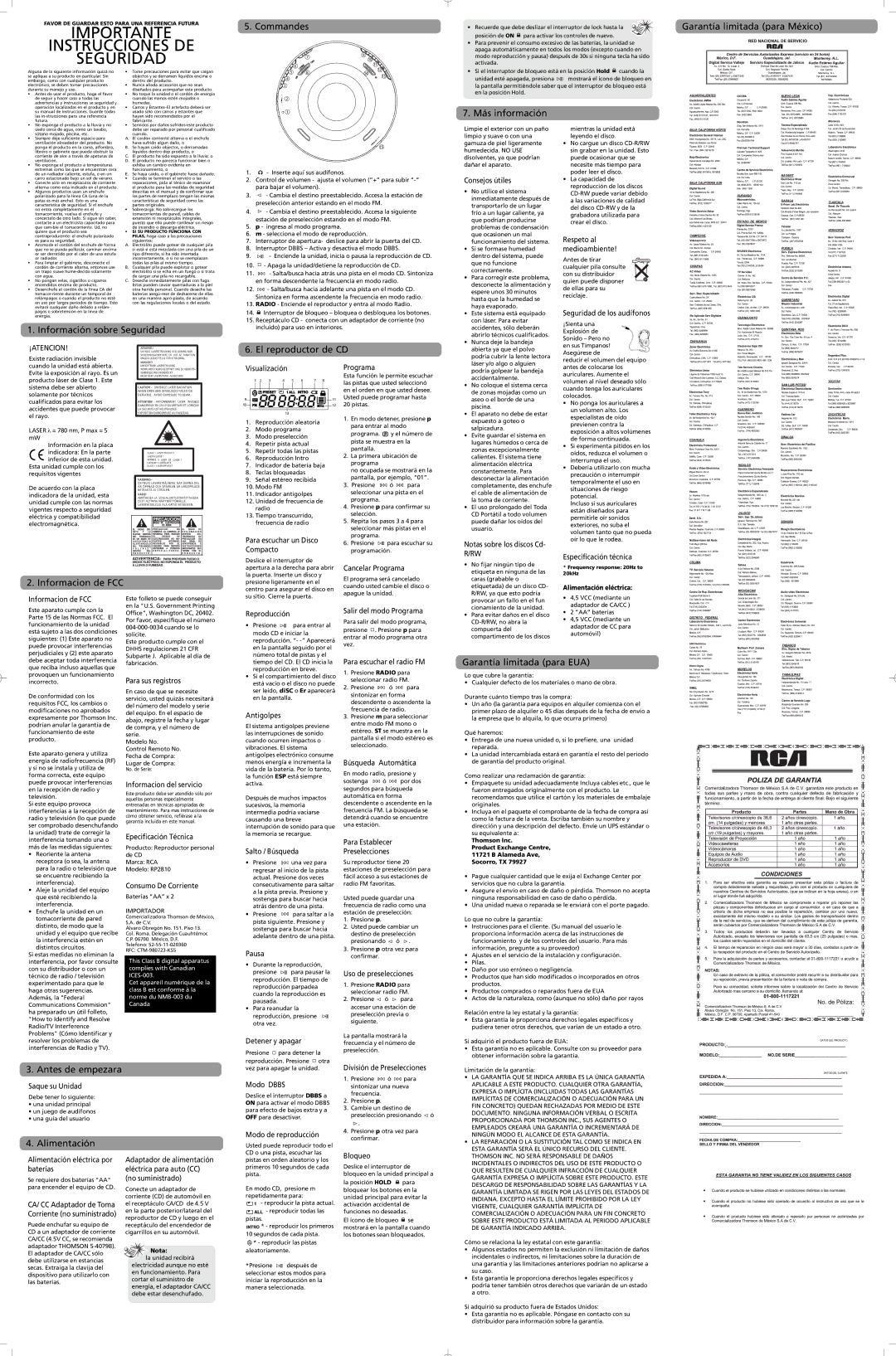 RCA RP2810 Commandes, Garantía limitada para México, Más información, Información sobre Seguridad, El reproductor de CD 