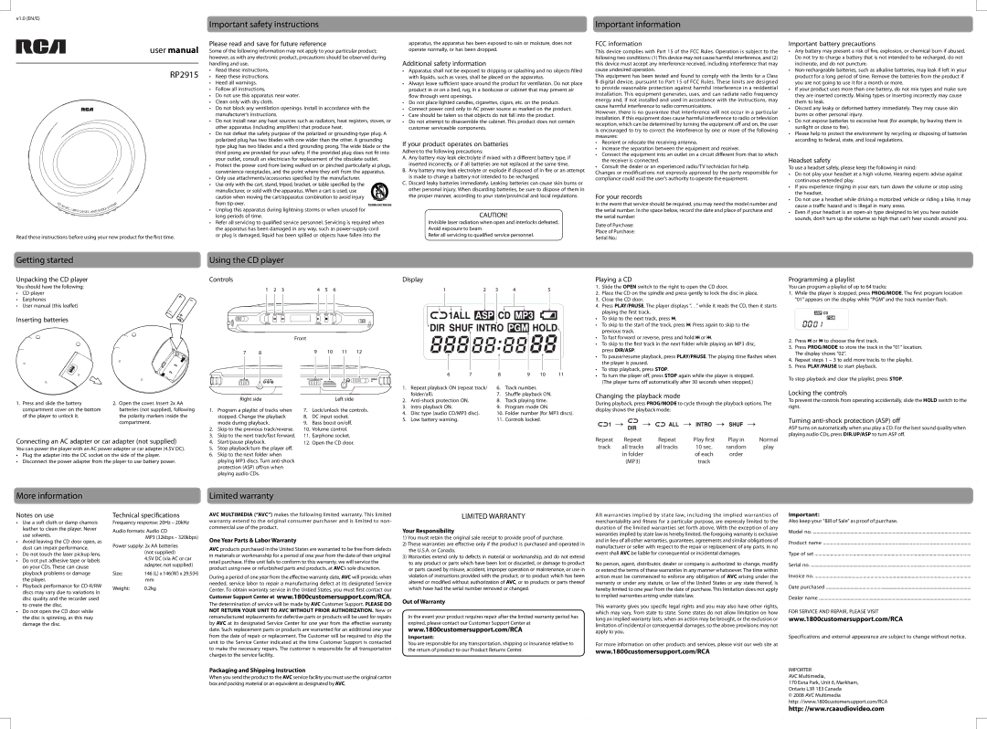 RCA user manual Important safety instructions Important information RP2915, Getting started, Using the CD player 