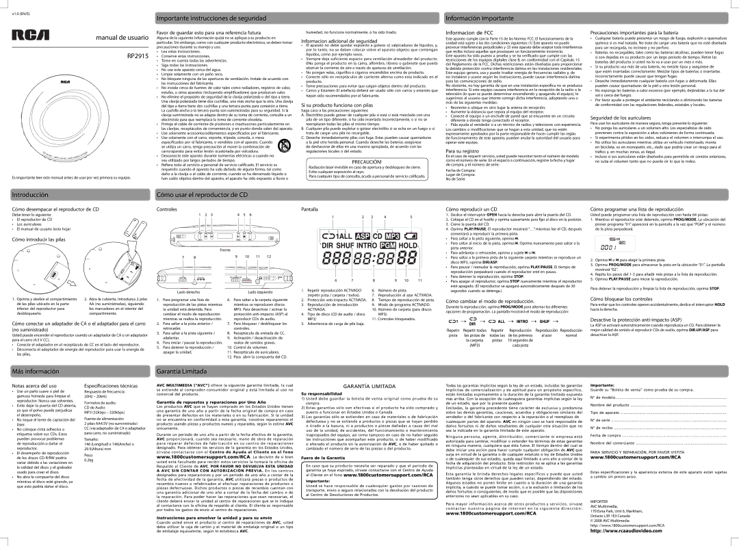 RCA user manual Manual de usuario RP2915, Importante instrucciones de seguridad, Información importante, Introducción 