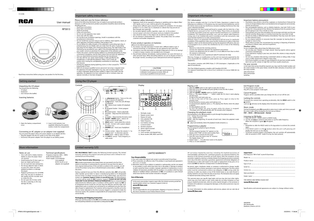 RCA RP3013 user manual Important safety instructions, Important information, Getting started, Using the CD player 