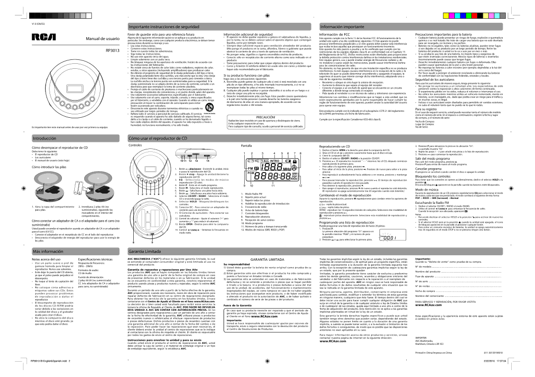 RCA user manual Manual de usuario RP3013, Importante instrucciones de seguridad, Información importante, Introducción 