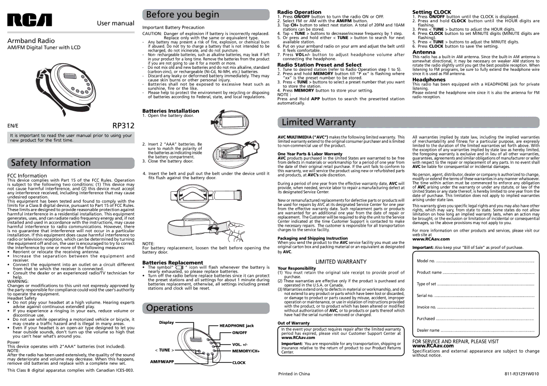 RCA RP312EN specifications Safety Information, Before you begin, Limited Warranty, Operations 