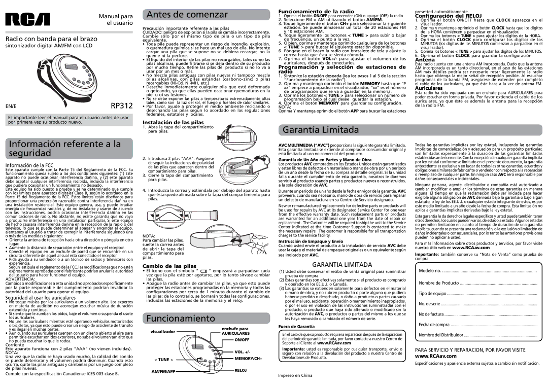 RCA RP312EN specifications Información referente a la seguridad, Antes de comenzar, Funcionamiento, Garantía Limitada 