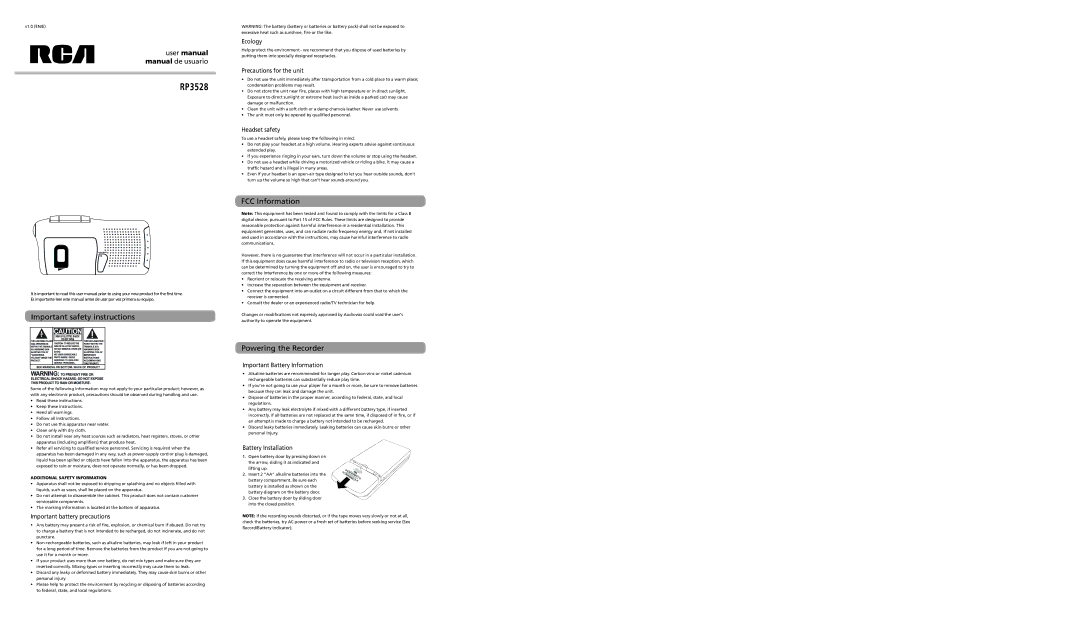 RCA RP3528 user manual Important safety instructions, FCC Information, Powering the Recorder 