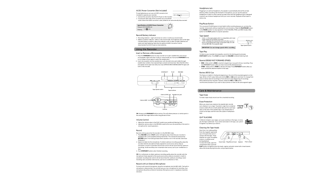 RCA RP3528 user manual Using the Recorder, Care & Maintenance 