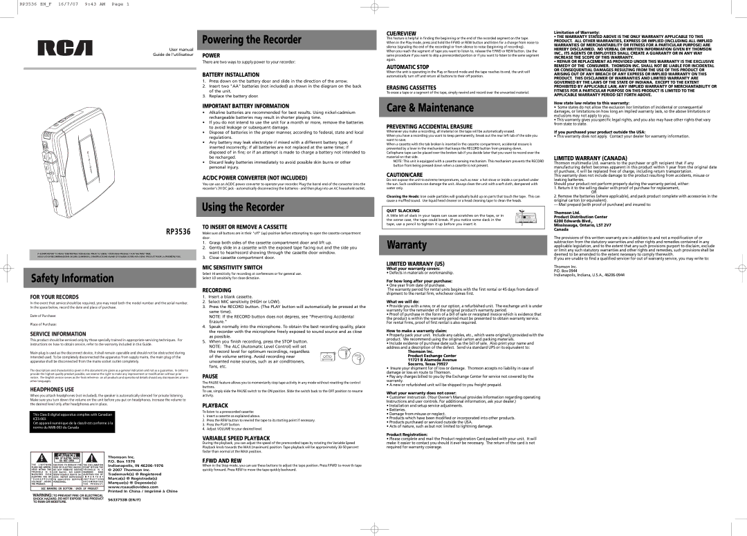 RCA RP3536 warranty Powering the Recorder, Using the Recorder, Care & Maintenance, Warranty, Safety Information 