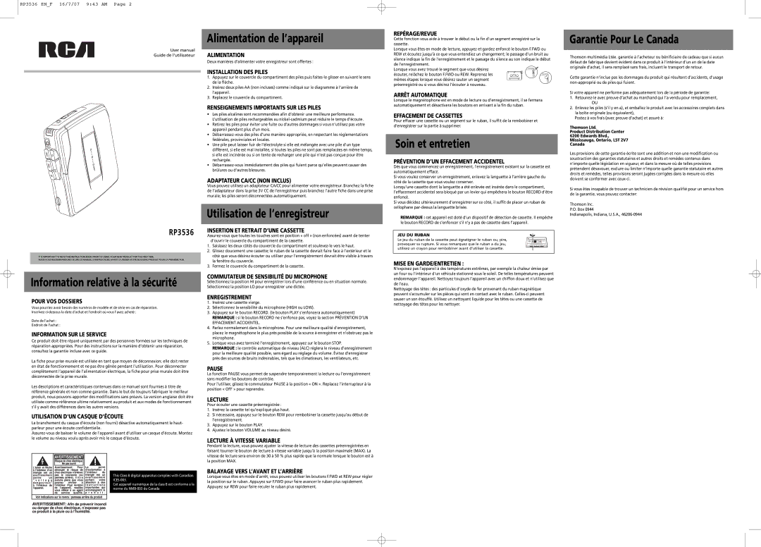 RCA RP3536 warranty Alimentation de l’appareil, Utilisation de l’enregistreur, Soin et entretien, Garantie Pour Le Canada 