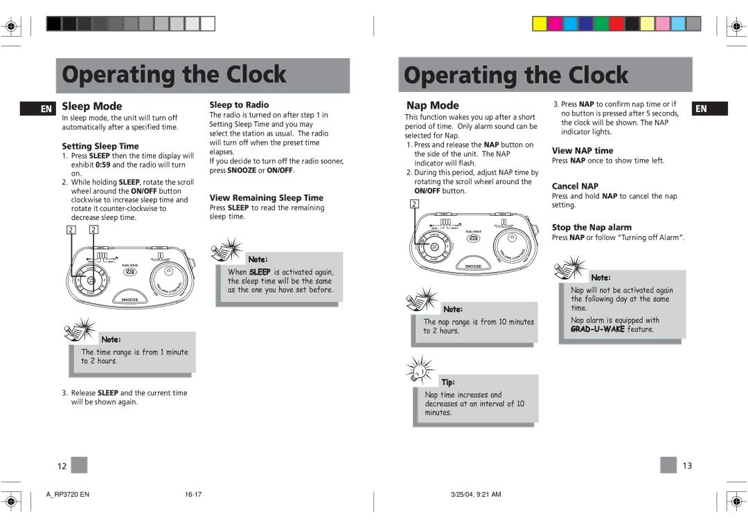 RCA RP3720 user manual Operating the Clock, Sleep Mode, Nap Mode 