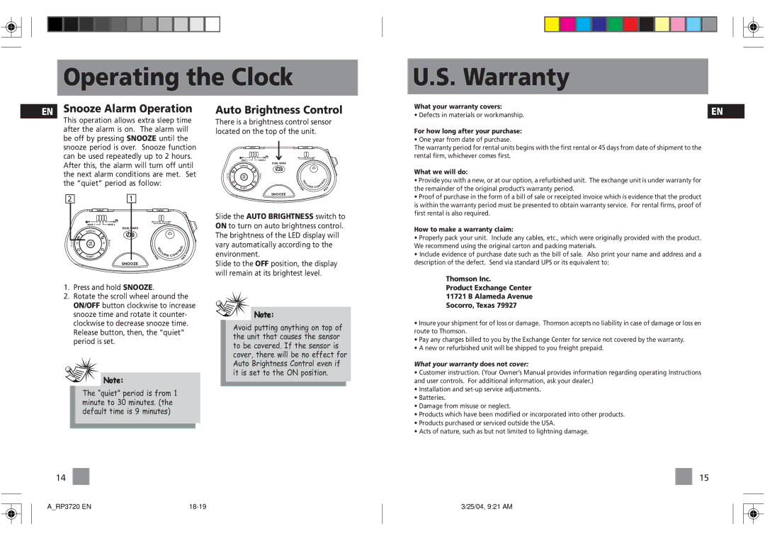 RCA RP3720 user manual Operating the Clock Warranty, Snooze Alarm Operation, Auto Brightness Control 