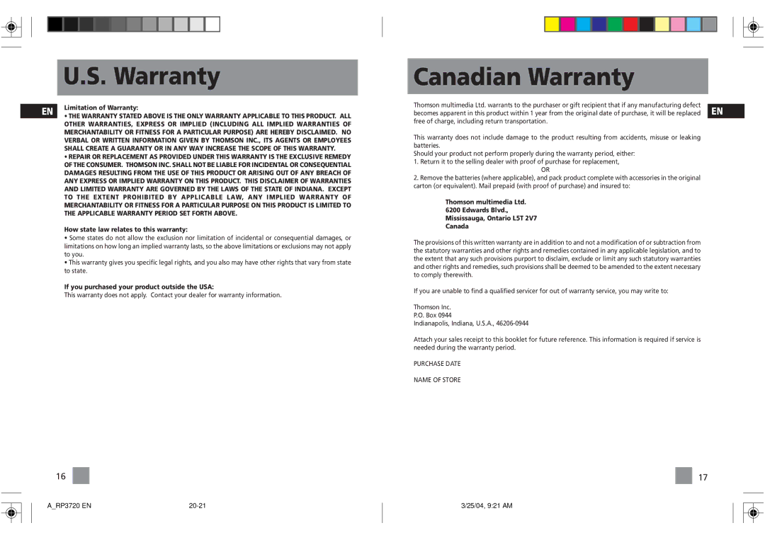 RCA RP3720 user manual Canadian Warranty, How state law relates to this warranty 