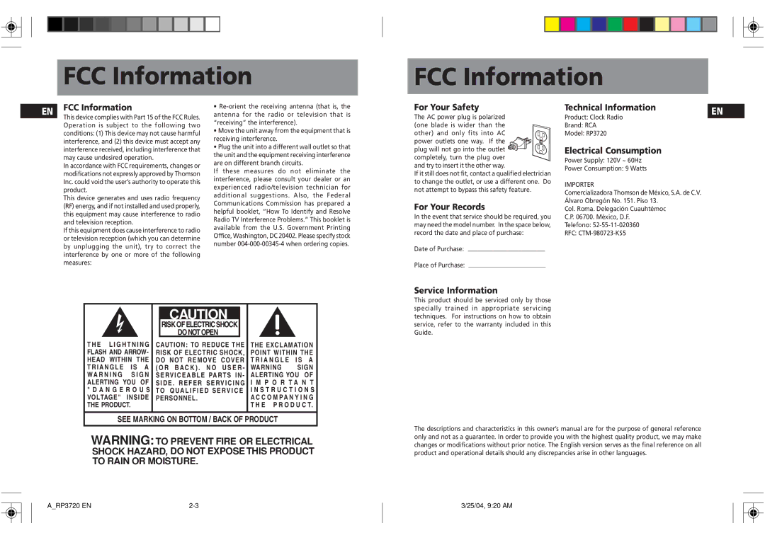 RCA RP3720 user manual FCC Information 