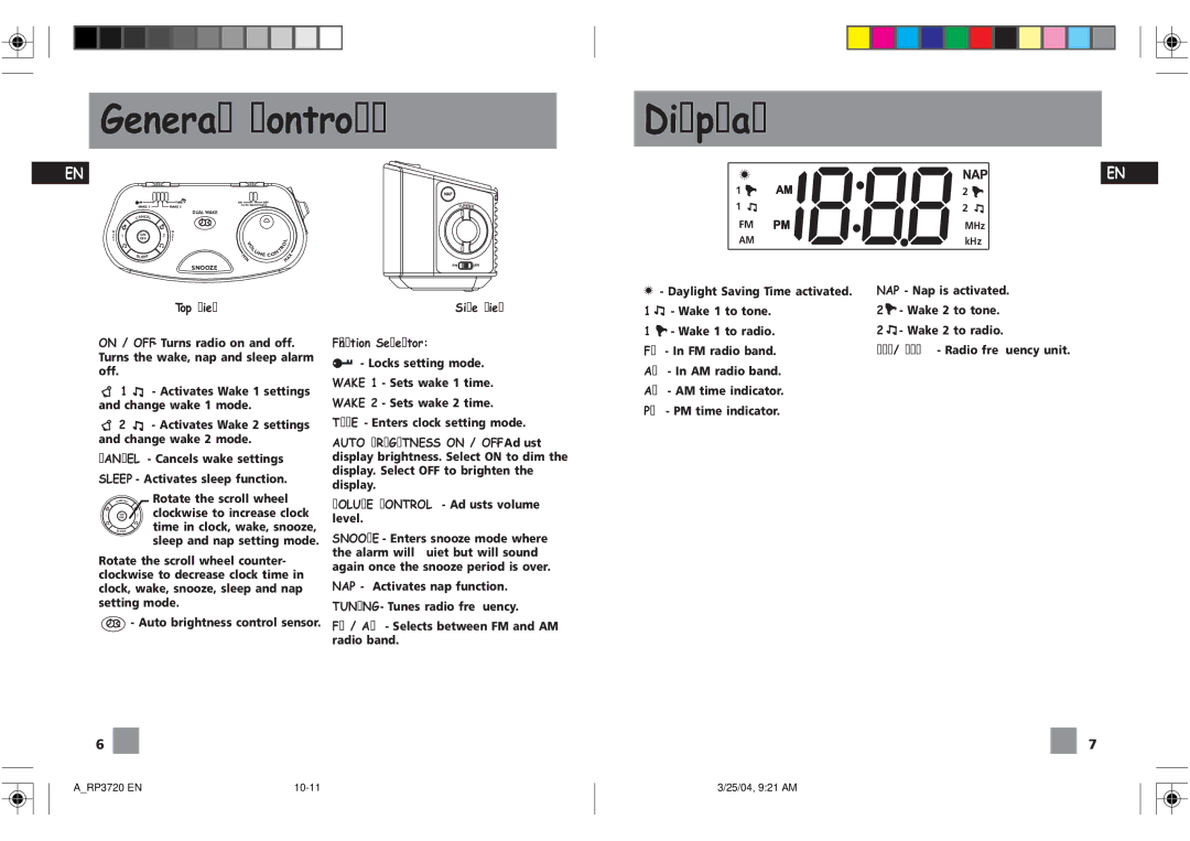 RCA RP3720 user manual General Controls Display, Top View 